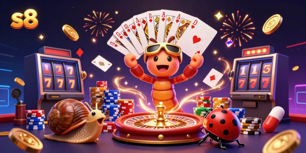 Experience thrilling games at s8 casino with a vibrant scene featuring a millipede dealer, snail high-roller, and pill bug!