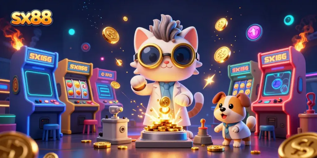 Experience thrilling gameplay at sx88 with a mad scientist cat creating golden coins in a vibrant casino scene.