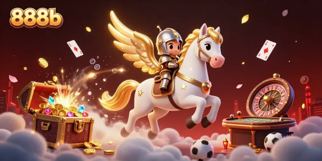 Experience the thrill of 888b with a celestial horse and treasure-filled casino atmosphere.