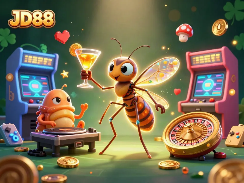 Engage in exciting gameplay at JD88 with a vibrant casino scene featuring unique characters and gaming elements.