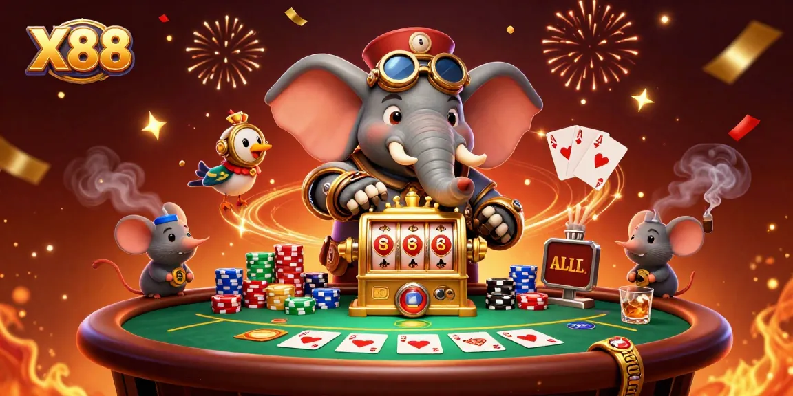 X88 casino experience with steampunk engineer and vibrant poker elements in a dynamic 3D scene.