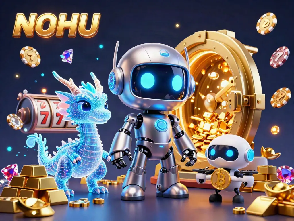 Experience NOHU's exciting world of gaming with colorful characters and treasures in a vibrant casino scene.