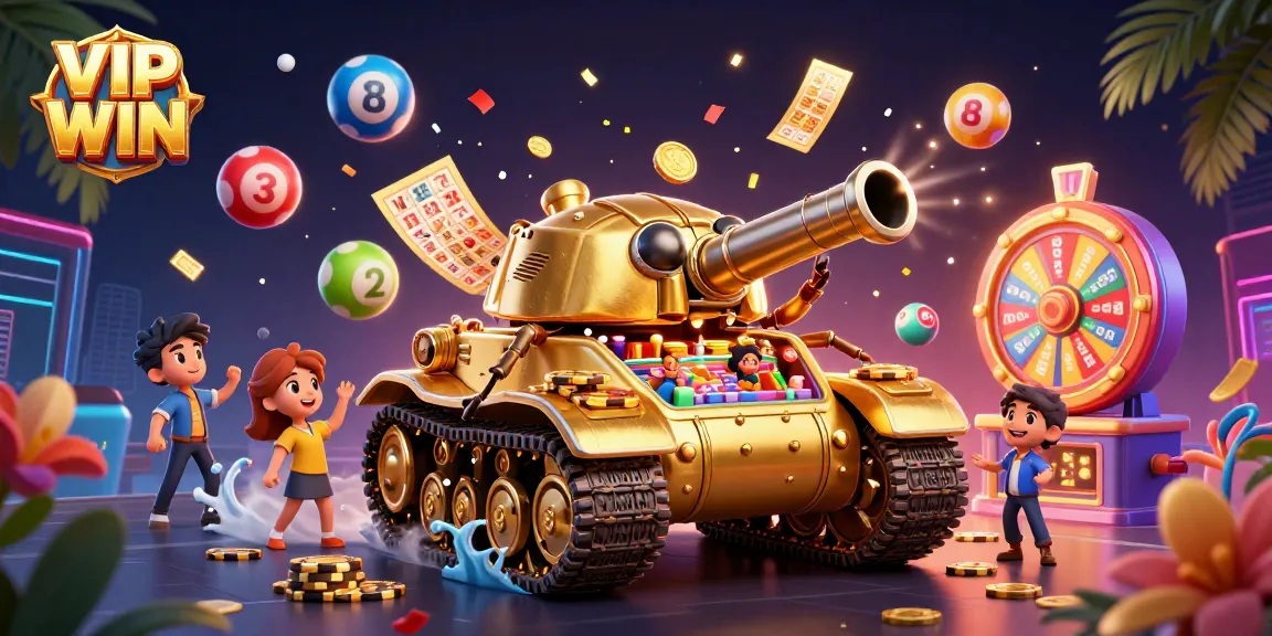 Experience the excitement of VIP WIN with a vibrant illustration of a golden beetle tank casino.