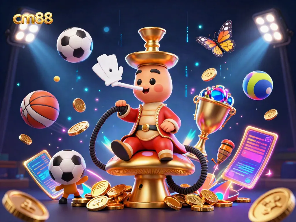 Experience cm88 with a vibrant 3D illustration of a caterpillar hookah-master in a casino setting.