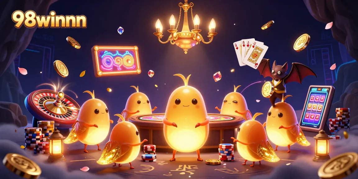 Experience the enchanting glow of 98winnn in a vibrant casino scene featuring glowworms and a bat dealer.