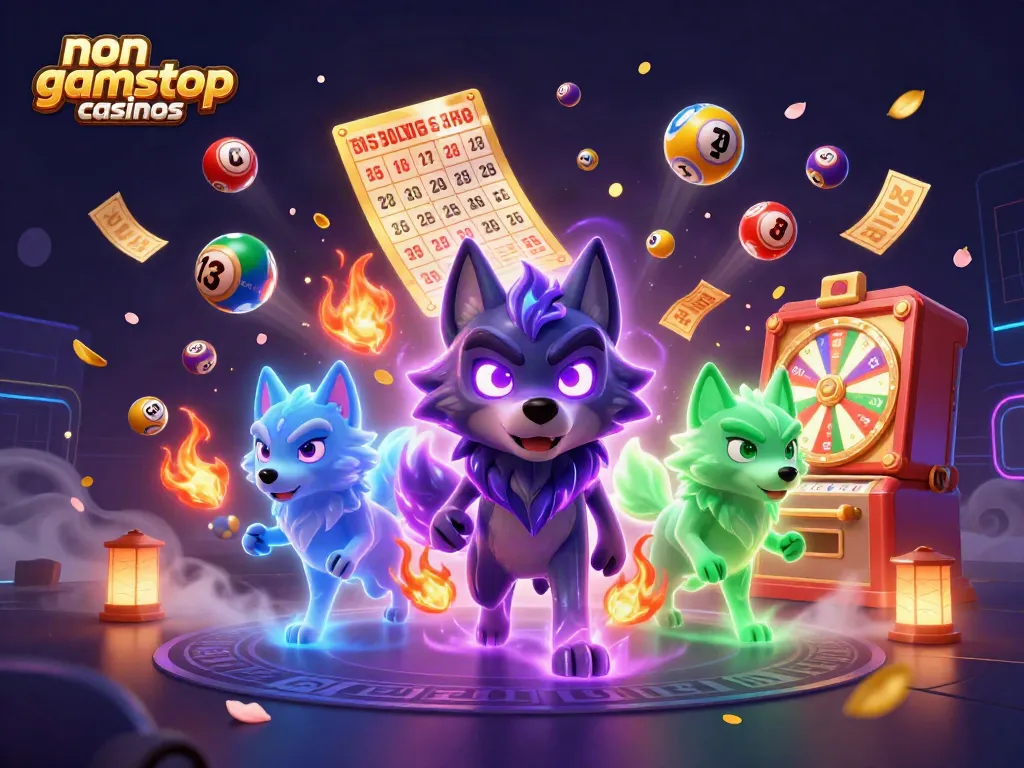 Engage with non gamstop casinos through an exciting 3D illustration featuring dynamic lottery elements and ghostly wolves.
