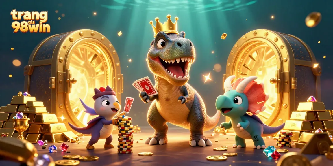 Engaging 3D casino scene showcasing trang chu 98win as T-Rex shuffles cards and wins golden chips.