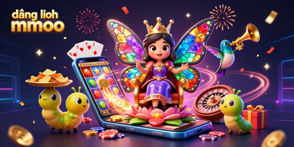 Experience the thrill of đăng nhập mmoo with a vibrant illustration showcasing a butterfly queen, casino games, and festive elements.