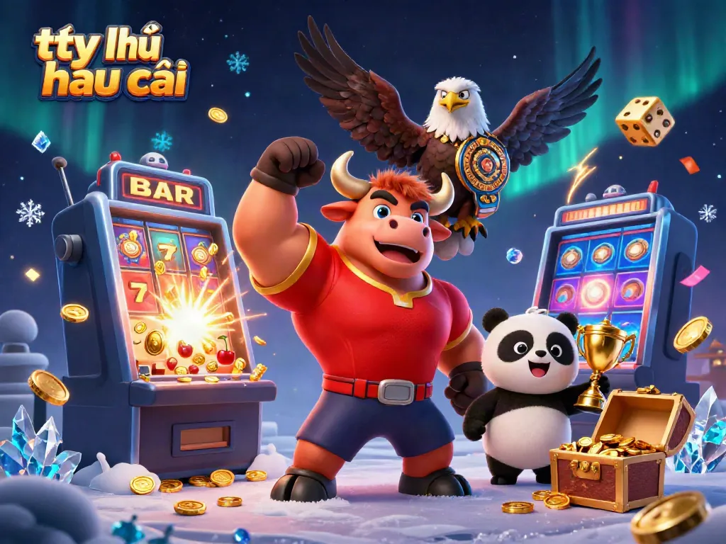 Engage with tỷ lệ nhà cái through vibrant casino-themed illustration featuring an eagle, bull, and panda celebrating wins.