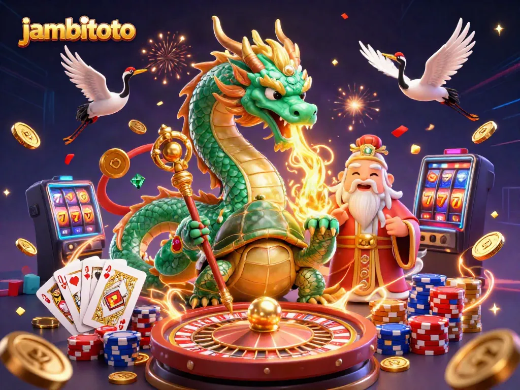 Engage with the exciting jambitoto casino scene featuring a jade dragon, turtle sage, and lucky cranes.