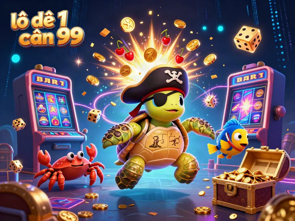 Lô đề 1 ăn 99 themed 3D illustration with vibrant casino elements and characters celebrating a jackpot.