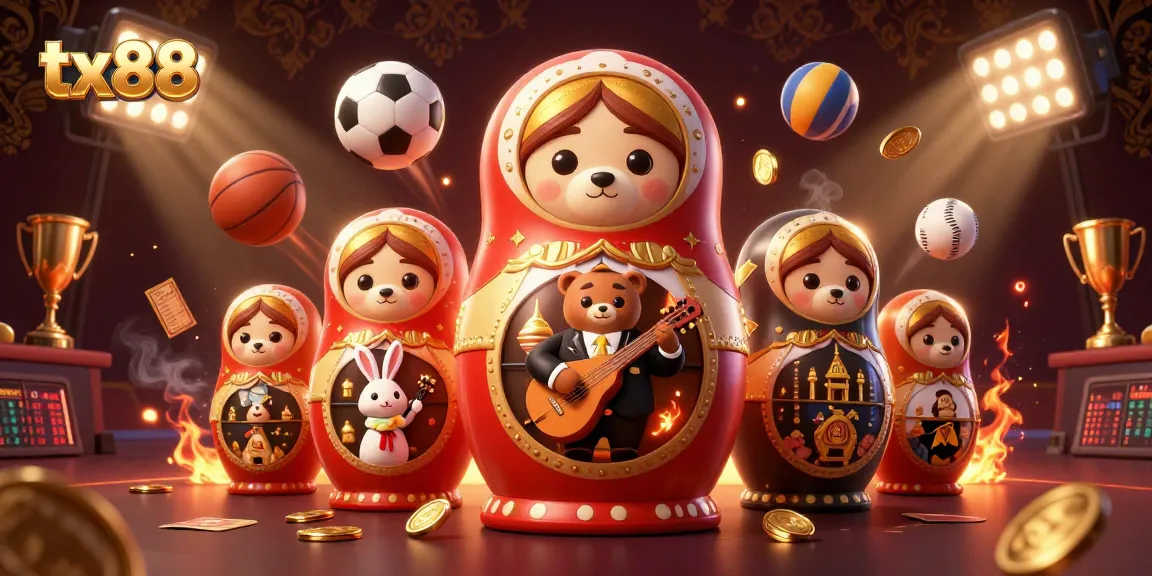 Experience tx88 with charming casino-themed characters and dynamic gambling elements in this lively illustration.