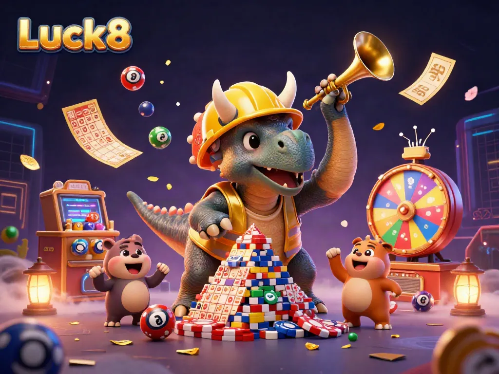 Luck8 presents lively 3D characters celebrating gaming wins with vibrant casino elements.