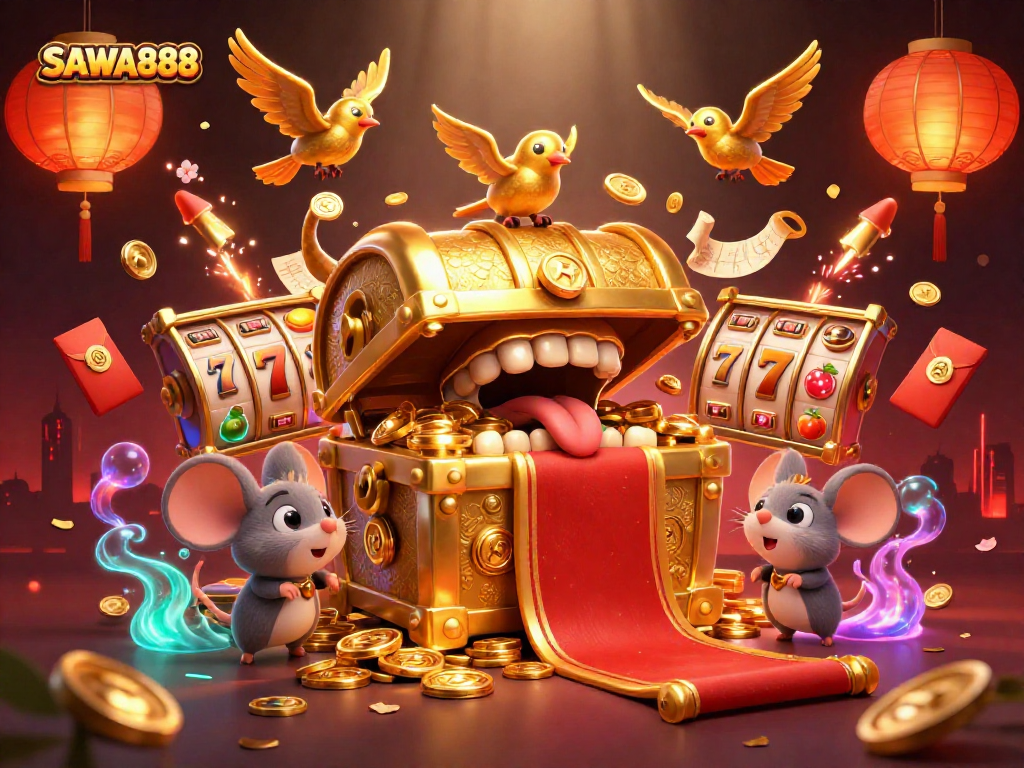 Spin to win with SAWA888 in a vibrant casino scene featuring golden treasures and lively game elements.