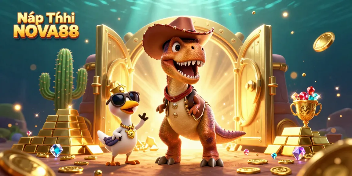 Nạp Tiền NOVA88 with vibrant 3D cartoon characters celebrating jackpot wins and treasure.