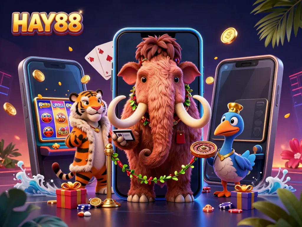 Watch HAY88's cartoonish casino characters interact in a dynamic and vibrant gaming setting.