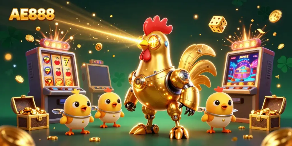 Engage with AE888 in a dynamic casino scene featuring a golden rooster robot amidst a jackpot explosion.