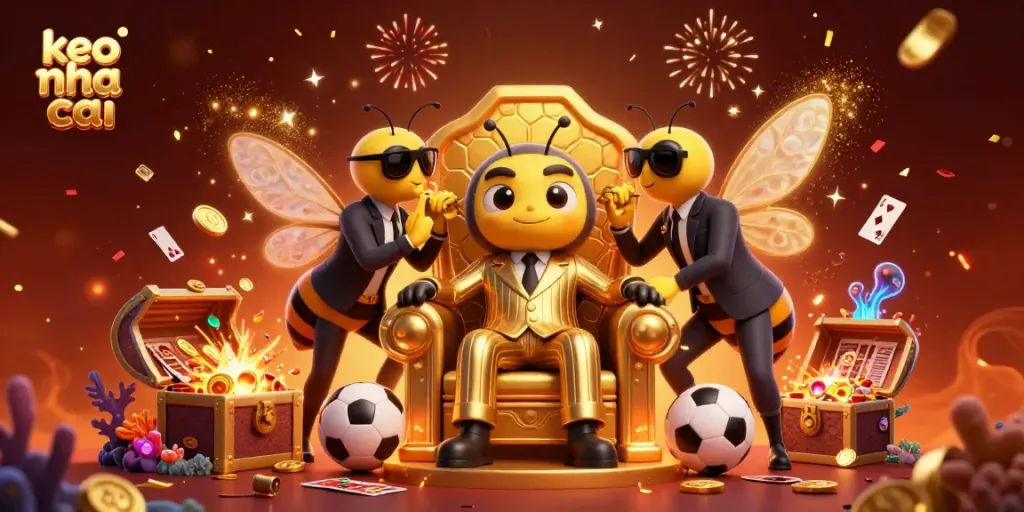 Betting on keo nha cai as a bumblebee mob boss in a showy golden throne surrounded by sports elements.