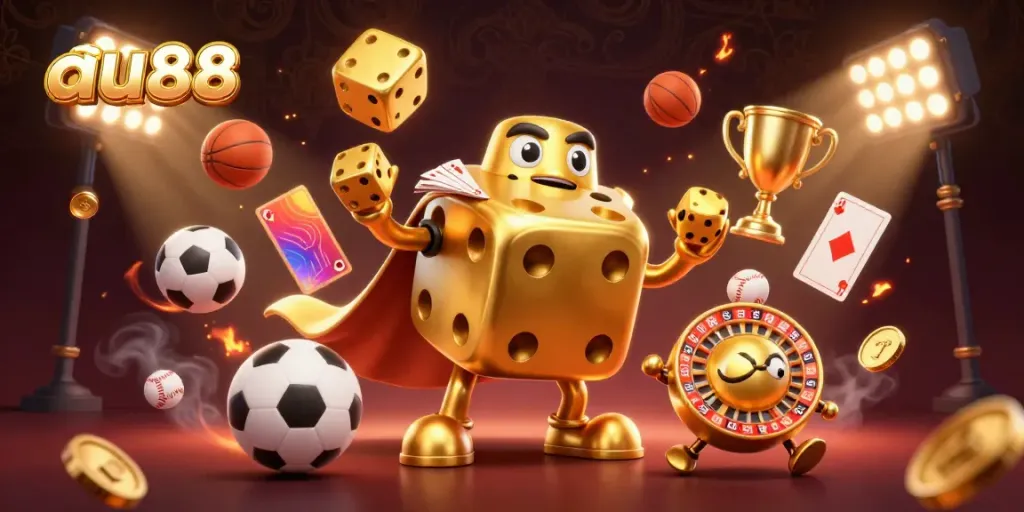 Experience thrilling moments at au88 with a vibrant casino illustration featuring golden dice and sports elements.