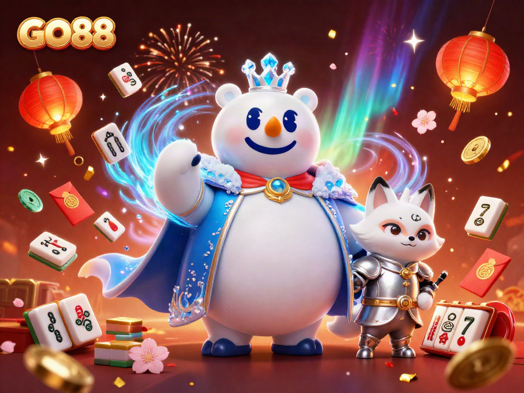 Experience winning at GO88 with a vibrant 3D casino scene featuring festive elements.