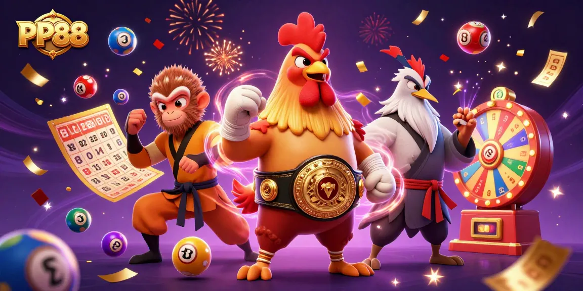 PP88 highlights an exciting gaming scene with dynamic characters and vibrant lottery elements.