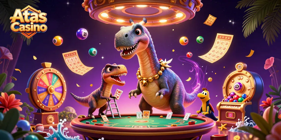 Atas Casino's whimsical scene showcasing a brontosaurus, colorful lottery balls, and vibrant gaming elements.