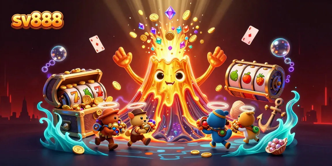 Experience thrilling wins with sv888's vibrant casino scene featuring a golden volcano and treasures.