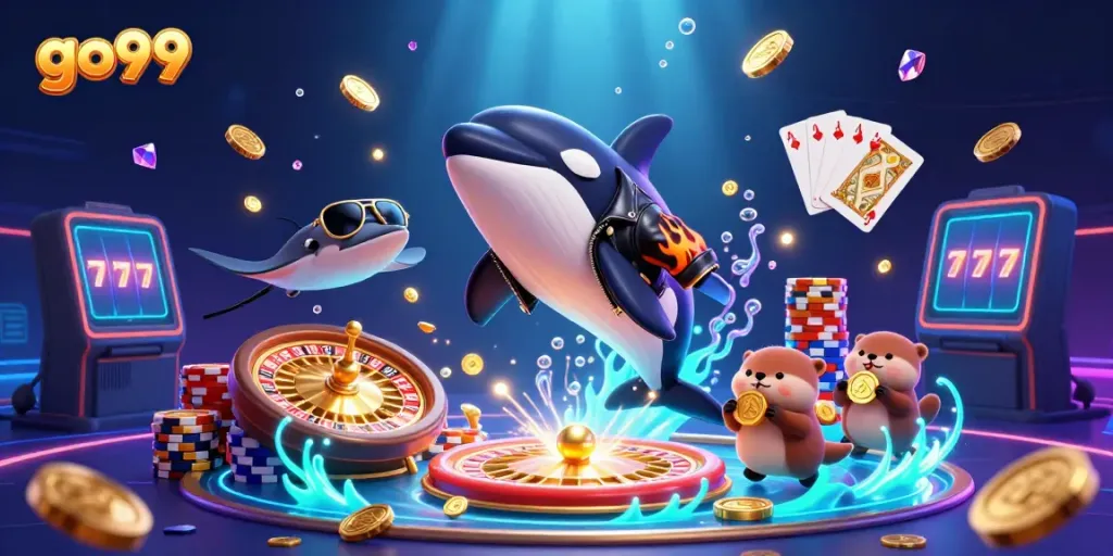 Spin to win at go99 with dynamic casino-themed underwater adventure illustration.