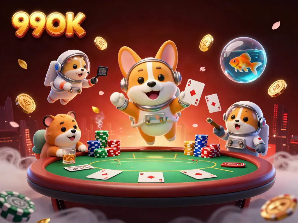 Engage in an exciting cosmic poker game with 99OK amidst drifting chips and floating characters.