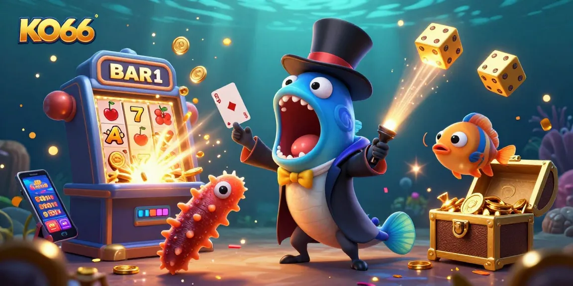KO66 dives into excitement with a 3D illustration of vibrant casino games and magical sea creatures.