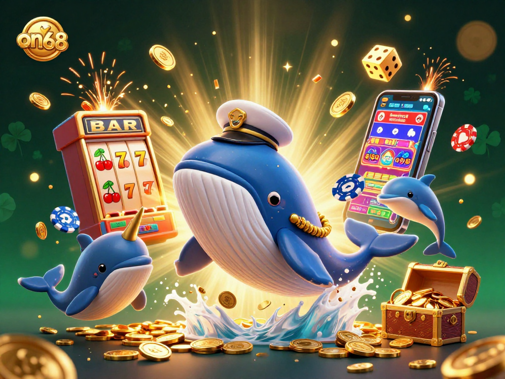 Experience winning moments at on68 with a vibrant illustrated casino scene featuring a whale, narwhal, and dolphins.