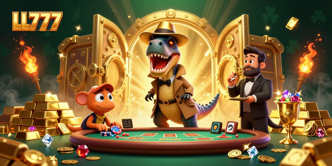 Experience thrilling gameplay at LL777 with a velociraptor at a blackjack table amid treasure.