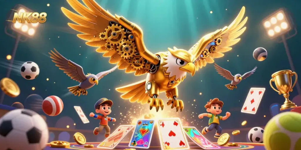The NK88 golden eagle soars through gaming elements in an immersive casino scene.