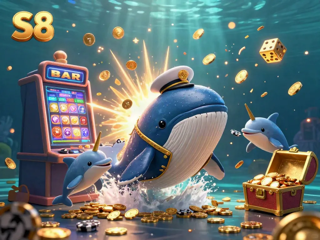 Experience the excitement of S8 with a captivating 3D whale, dolphins, and slot machine bursting with gold coins.
