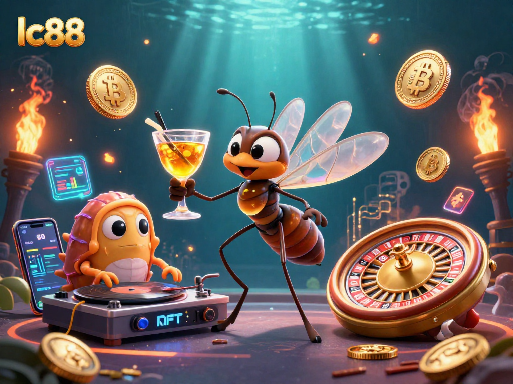 Engage in leading lc88 casino action with a whimsical 3D illustration featuring a mosquito mascot, a trilobite DJ, and a golden roulette wheel.