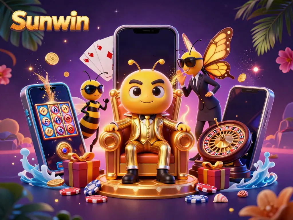 Experience thrilling gaming at Sunwin with a bumblebee mob boss surrounded by exciting casino elements.