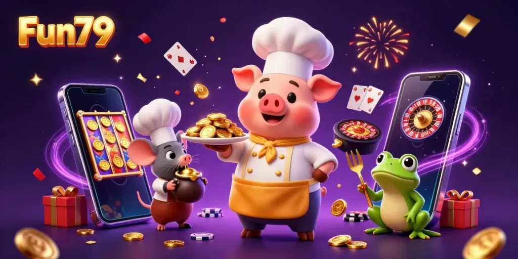 Fun79 engages players with a lively casino scene featuring imaginative characters and gold coin rewards.
