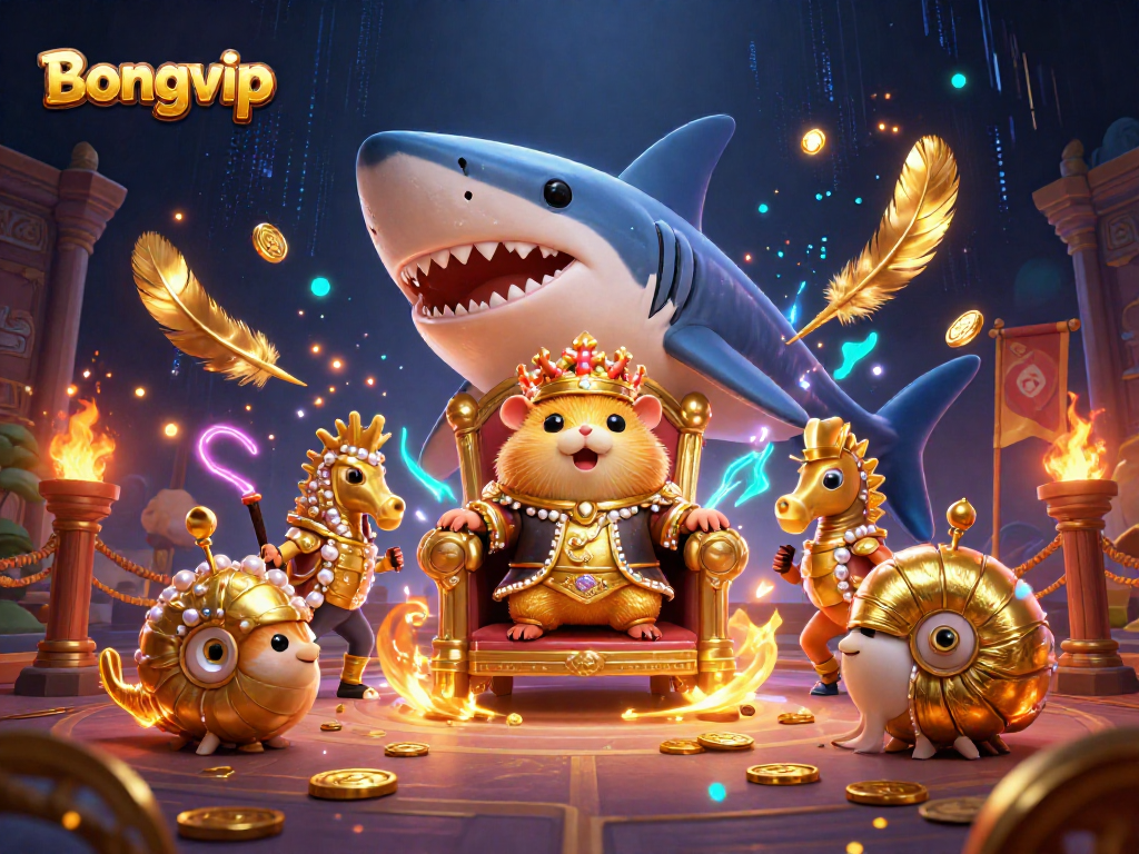 Bongvip showcases engaging gaming elements featuring a golden hamster king with seahorse guards amidst a vibrant casino setting.