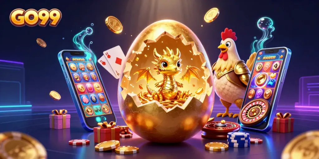 Engage with GO99's thrilling gaming experience featuring a golden baby dragon amid poker chips and rich casino elements.