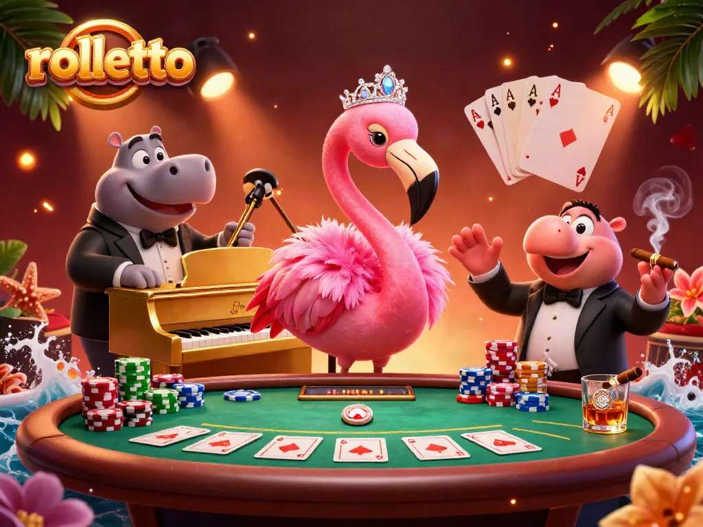 Rolletto's vibrant casino scene showcases players enjoying poker with engaging characters.
