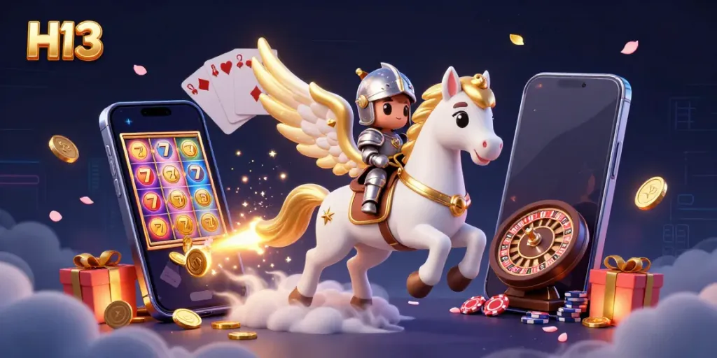 Experience exciting gameplay with H13's celestial horse and knight amid casino symbols.