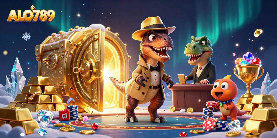 Bet on ALO789 with a cunning velociraptor card counter at a vivid blackjack table while riches surround them.