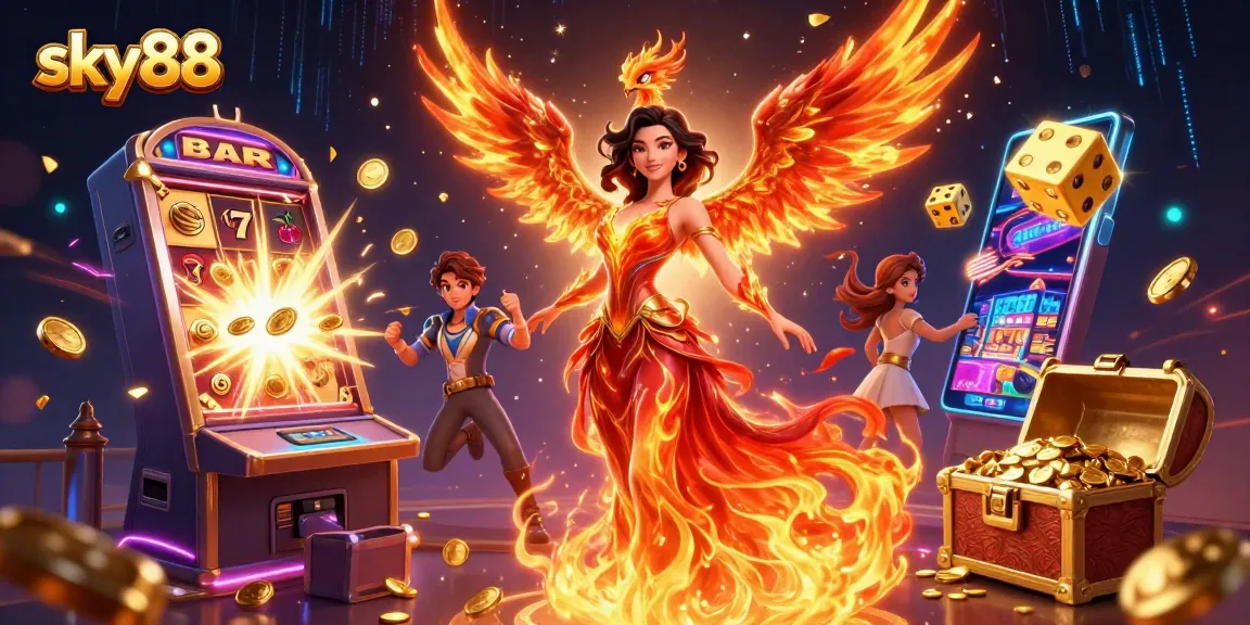 Experience thrilling gaming action at sky88 with vibrant casino elements and a stunning phoenix.