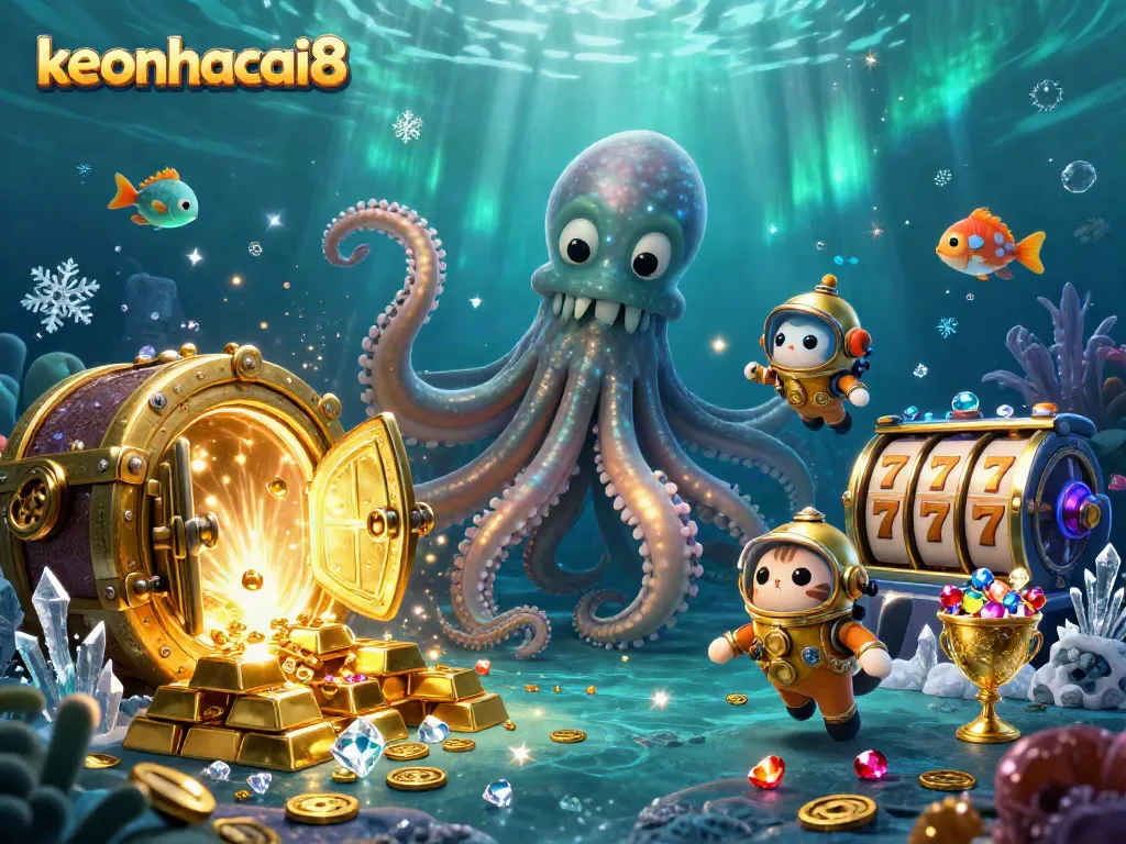Engage in thrilling games at keonhacai8 with a vibrant kraken and diving cat surrounded by treasure.