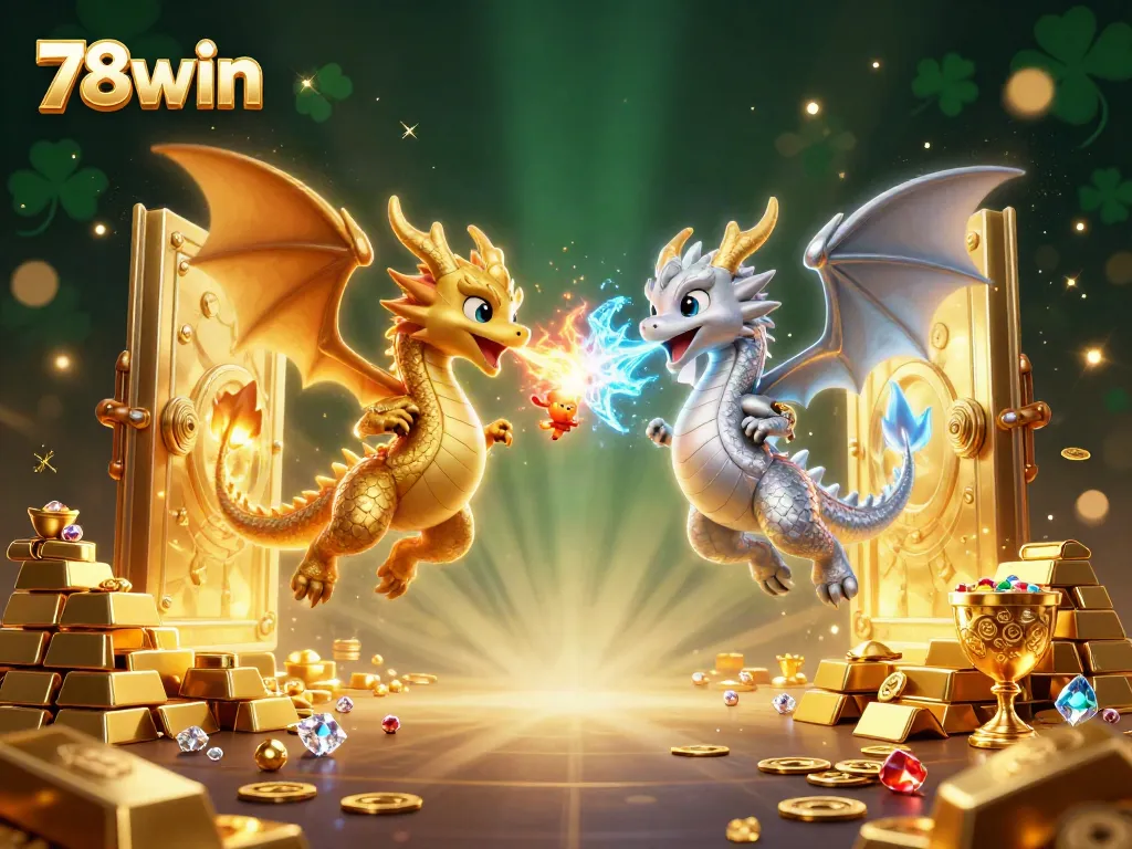 Experience the excitement of 78win with dynamic dragons and dazzling treasures in a vibrant casino scene.