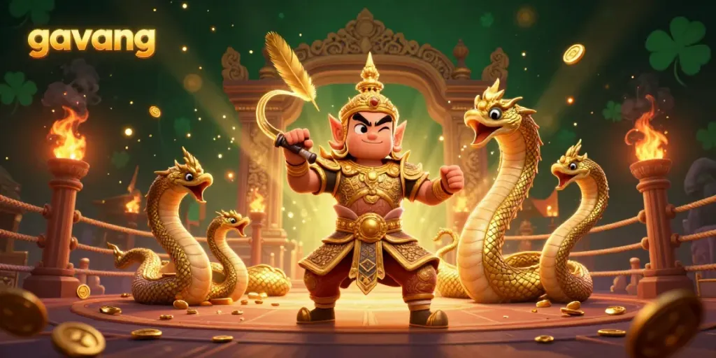 Experience the thrill of gambling with gavang's exciting arena scene filled with dynamic characters and golden treasures.
