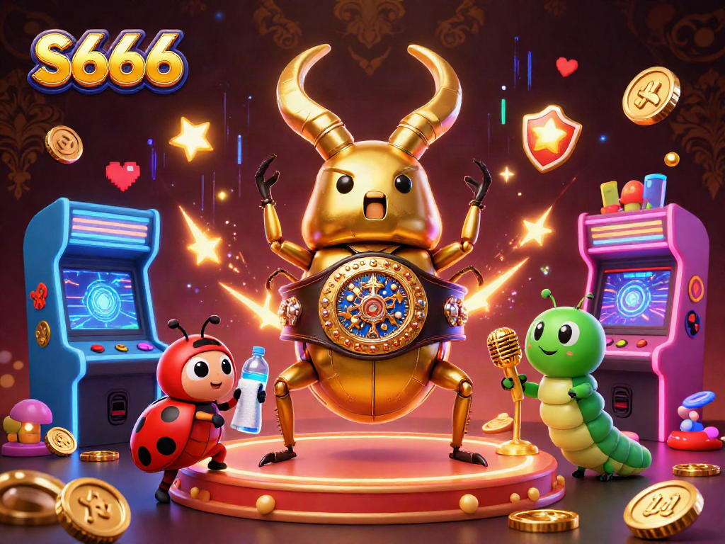 S666 lottery excitement with a vibrant scene featuring a boxing beetle champion and casino-themed elements