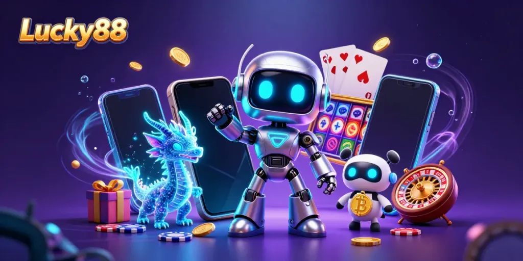Spin the Lucky88 reels surrounded by vibrant casino elements, showcasing thrilling gameplay.