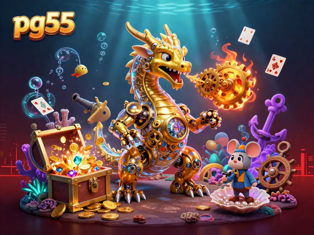 Engage with pg55 in a dynamic and vibrant 3D casino illustration featuring unique game elements.