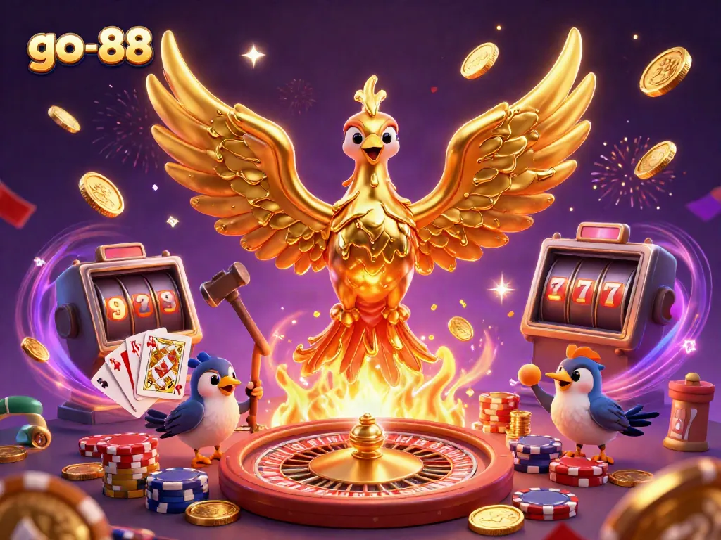 Experience thrilling wins at go-88 with dynamic 3D casino scenes featuring a golden phoenix and vibrant gaming elements.